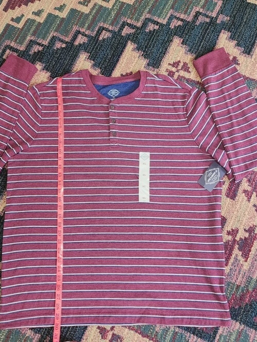 NWT St. John's Bay Mens Sz XL Burgundy Stripe Henley Shirt
